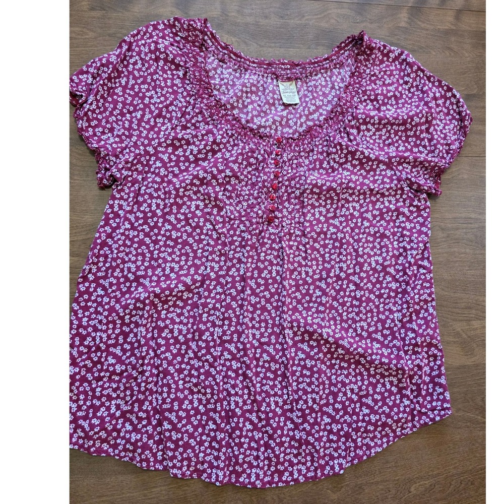Faded Glory Womens XL Burgundy White Ditsy Floral Smocked Rayon Peasant Blouse